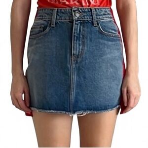 Carmar blue denim mini skirt, size 25. Red stripes down the sides.